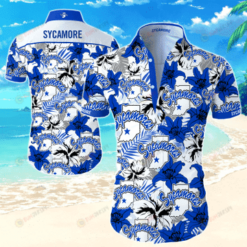 Sycamores Flower & Leaf Pattern Curved Hawaiian Shirt In White & Blue