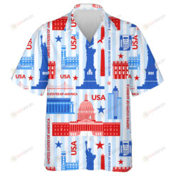 Symbolism Landmarks Of United States On Pastel Blue Stripes Background Hawaiian Shirt