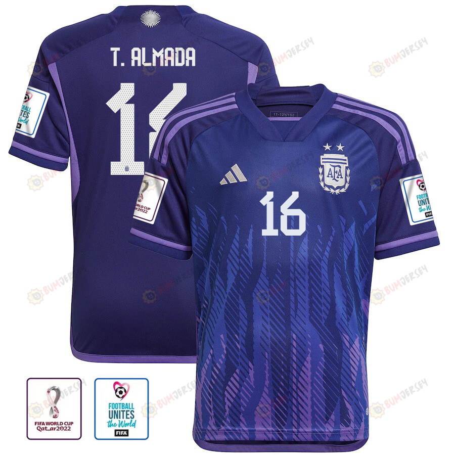 T. Almada 16 Argentina National Team Qatar World Cup 2022-23 Patch Away Jersey, Youth