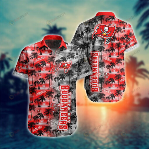 Tampa Bay Buccaneers Skull & Tree Pattern Curved Hawaiian Shirt In Red & Black