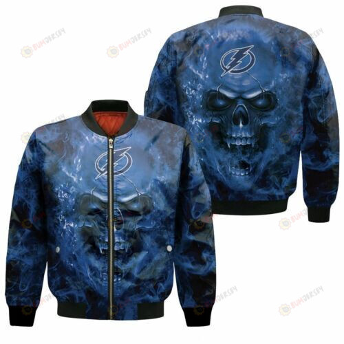 Tampa Bay Lightning Team Skull On Flame Pattern Bomber Jacket