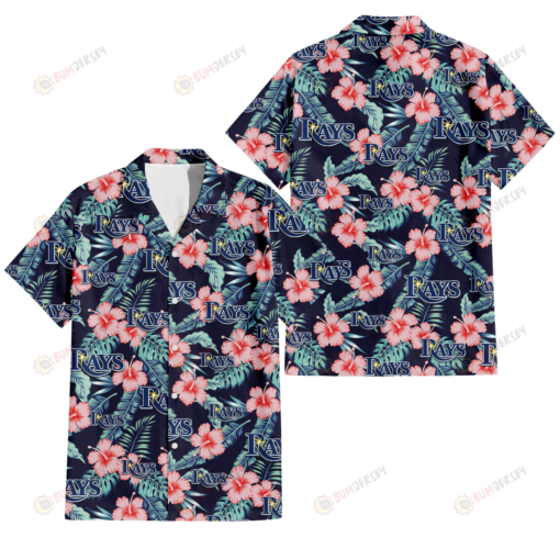 Tampa Bay Rays Coral Hibiscus Green Banana Leaf Black Background 3D Hawaiian Shirt