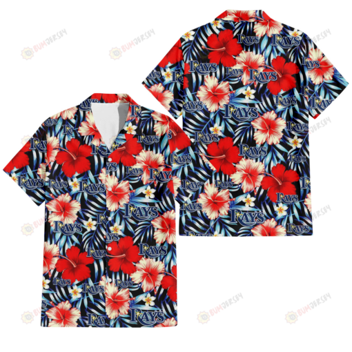 Tampa Bay Rays Coral Red Hibiscus Blue Palm Leaf Black Background 3D Hawaiian Shirt