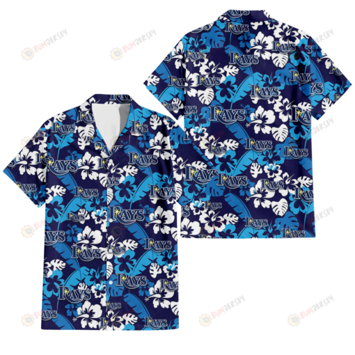 Tampa Bay Rays Light Blue Hibiscus Banana Leaf Navy Background 3D Hawaiian Shirt