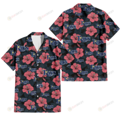 Tampa Bay Rays Light Coral Hibiscus Gray Leaf Black Background 3D Hawaiian Shirt