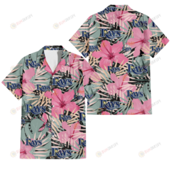 Tampa Bay Rays Light Pink Hibiscus Pale Green Leaf Black Background 3D Hawaiian Shirt