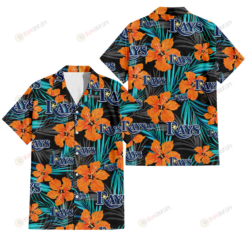 Tampa Bay Rays Orange Hibiscus Blue Gray Leaf Black Background 3D Hawaiian Shirt