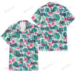 Tampa Bay Rays Pink Hibiscus Green Leaf Beige Background 3D Hawaiian Shirt