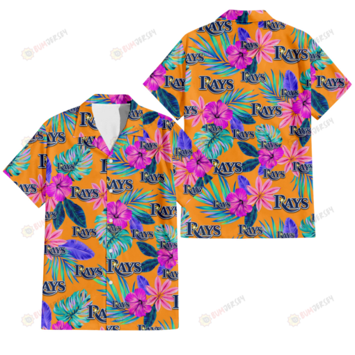Tampa Bay Rays Purple Hibiscus Neon Leaf Orange Background 3D Hawaiian Shirt