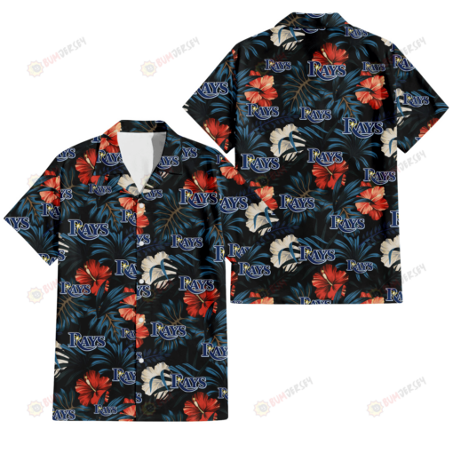 Tampa Bay Rays Red And White Hibiscus Dark Leaf Black Background 3D Hawaiian Shirt