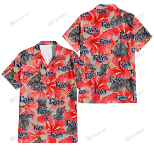 Tampa Bay Rays Red Hibiscus Gray Leaf Beige Background 3D Hawaiian Shirt
