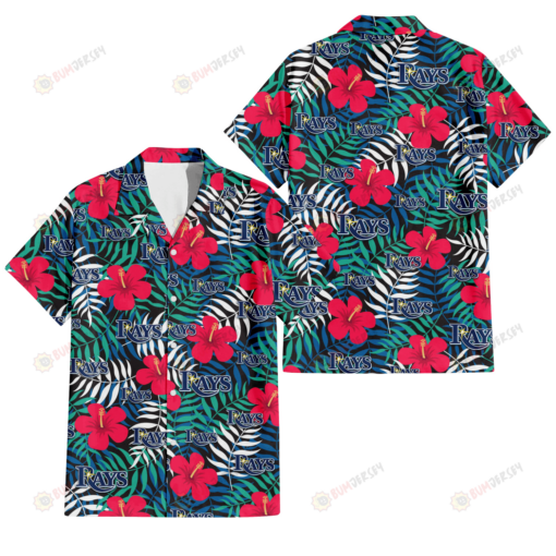 Tampa Bay Rays Red Hibiscus Green Blue White Leaf Black Background 3D Hawaiian Shirt