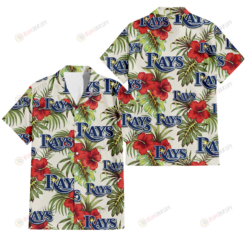 Tampa Bay Rays Red Hibiscus Green Tropical Leaf Cream Background 3D Hawaiian Shirt
