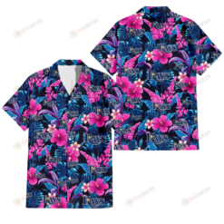 Tampa Bay Rays Violet Red Hibiscus Blue Leaf Black Background 3D Hawaiian Shirt