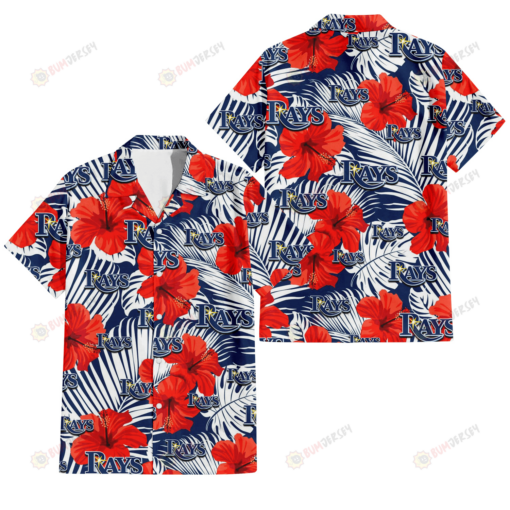 Tampa Bay Rays White Tropical Leaf Red Hibiscus Navy Background 3D Hawaiian Shirt