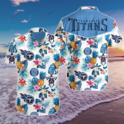 Tennessee Titans Floral & Pineapple Pattern Curved Hawaiian Shirt In Blue