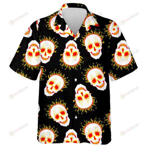 Terrible Grinning Human Skull In Bright Burning Fire Hawaiian Shirt