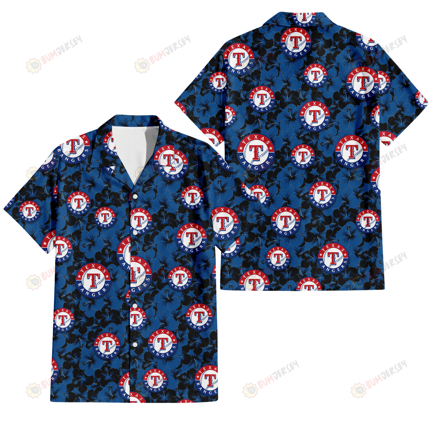 Texas Rangers Black Dark Blue Hibiscus Black Background 3D Hawaiian Shirt