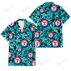 Texas Rangers Blue Hibiscus Blue Coconut Tree Black Background 3D Hawaiian Shirt