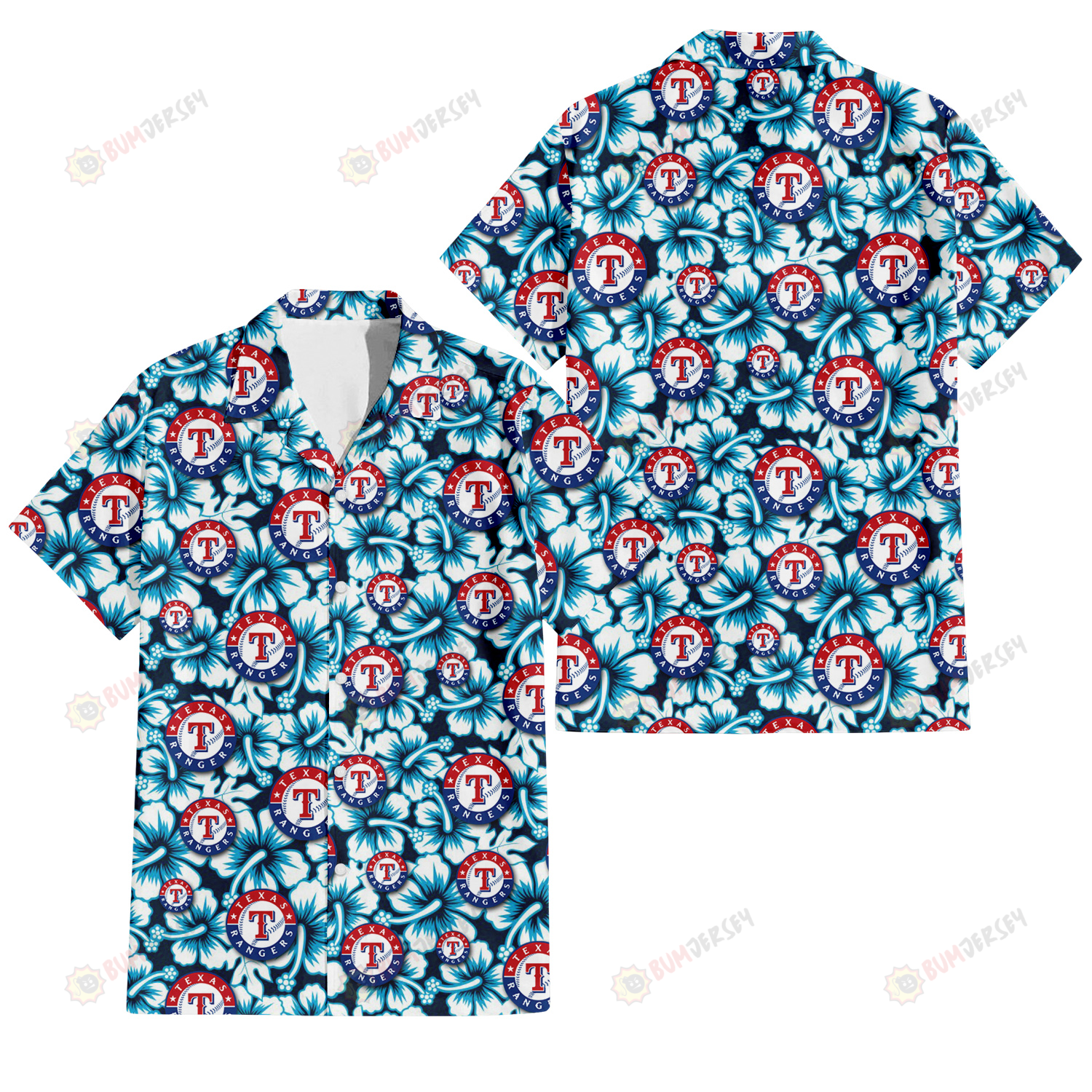 Texas Rangers Blue Line White Hibiscus Black Background 3D Hawaiian Shirt