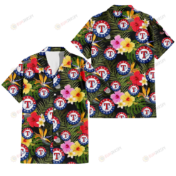 Texas Rangers Colorful Hibiscus Green Leaf Back Background 3D Hawaiian Shirt