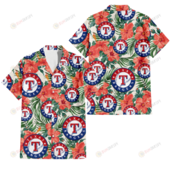 Texas Rangers Coral Hibiscus Green Leaf Beige Background 3D Hawaiian Shirt