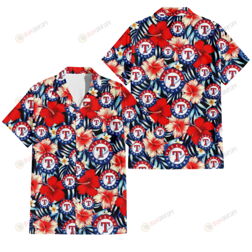Texas Rangers Coral Red Hibiscus Blue Palm Leaf Black Background 3D Hawaiian Shirt