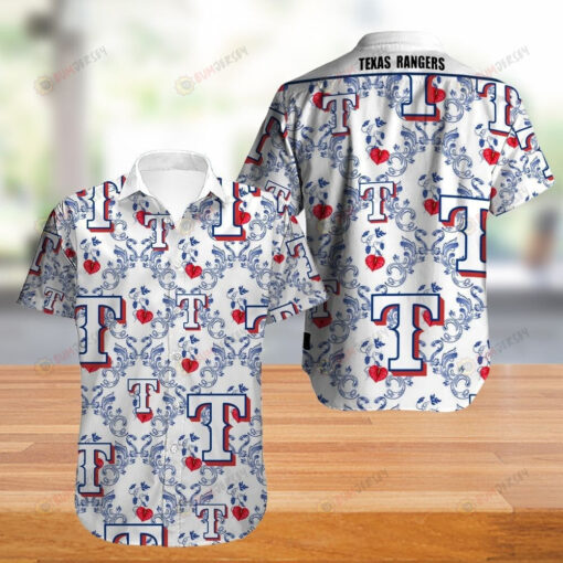 Texas Rangers Floral & Heart Pattern Curved Hawaiian Shirt In Blue & White