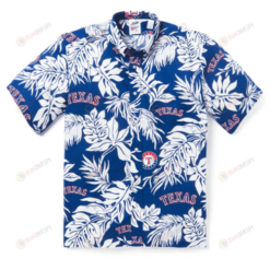 Texas Rangers Leaf & Flower Pattern Curved Hawaiian Shirt In Blue & White