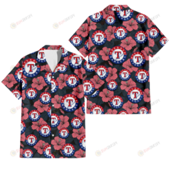 Texas Rangers Light Coral Hibiscus Gray Leaf Black Background 3D Hawaiian Shirt