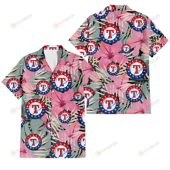 Texas Rangers Light Pink Hibiscus Pale Green Leaf Black Background 3D Hawaiian Shirt