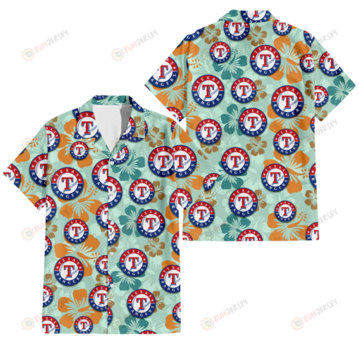 Texas Rangers Orange Green Hibiscus Pale Green Background 3D Hawaiian Shirt