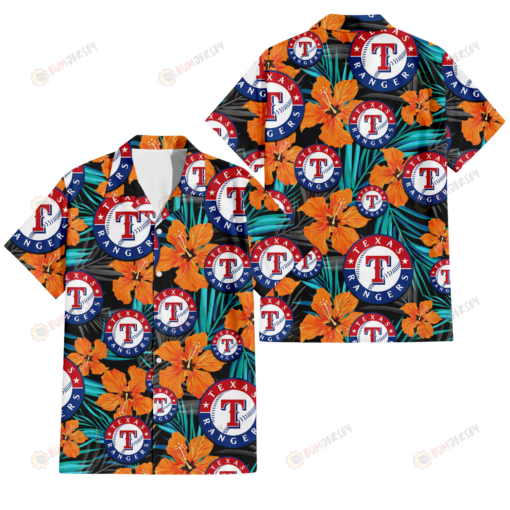 Texas Rangers Orange Hibiscus Blue Gray Leaf Black Background 3D Hawaiian Shirt