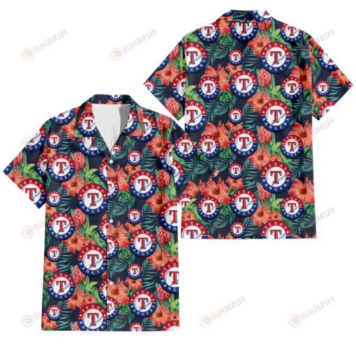 Texas Rangers Orange Hibiscus Green Tropical Leaf Dark Background 3D Hawaiian Shirt