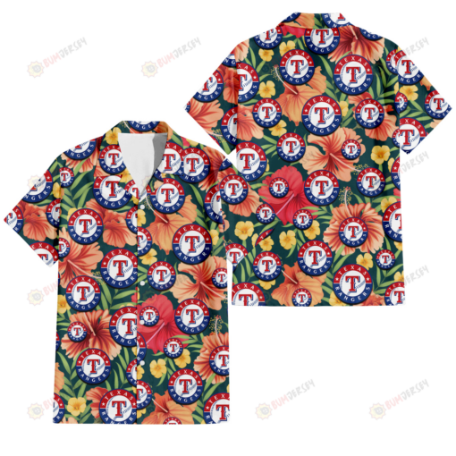 Texas Rangers Orange Red Hibiscus Green Leaf Dark Background 3D Hawaiian Shirt