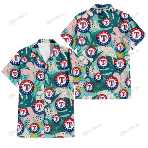 Texas Rangers Pastel Hibiscus Palm Leaf Tiny Dot Green Background 3D Hawaiian Shirt