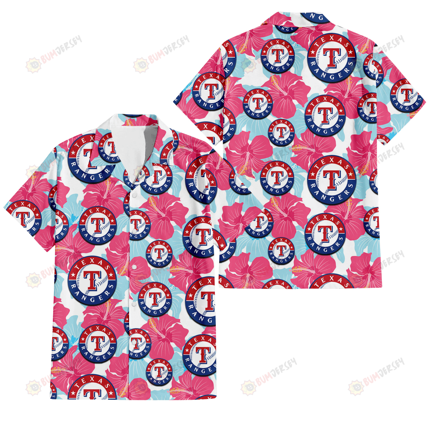 Texas Rangers Pink Blue Hibiscus White Background 3D Hawaiian Shirt