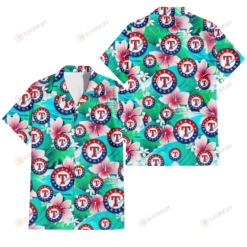 Texas Rangers Pink Hibiscus Green Leaf Blue Background 3D Hawaiian Shirt