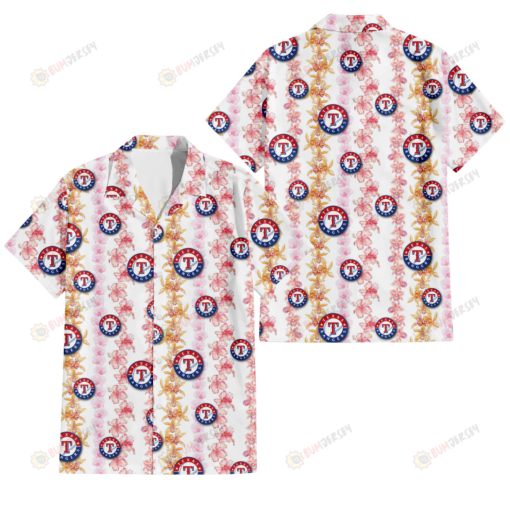Texas Rangers Pink Hibiscus Yellow Pink Orchid White Background 3D Hawaiian Shirt