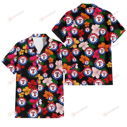 Texas Rangers Pink Orange Yellow White Hibiscus Black Background 3D Hawaiian Shirt