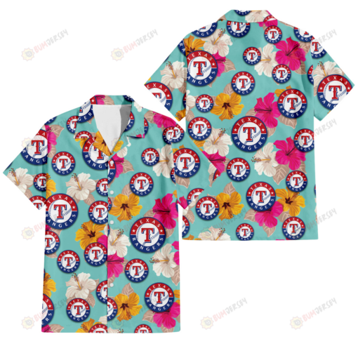 Texas Rangers Pink Yellow White Hibiscus Turquoise Background 3D Hawaiian Shirt