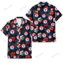 Texas Rangers Red And White Hibiscus Dark Leaf Black Background 3D Hawaiian Shirt