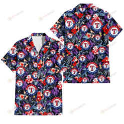 Texas Rangers Red Hibiscus Caro Black Background 3D Hawaiian Shirt