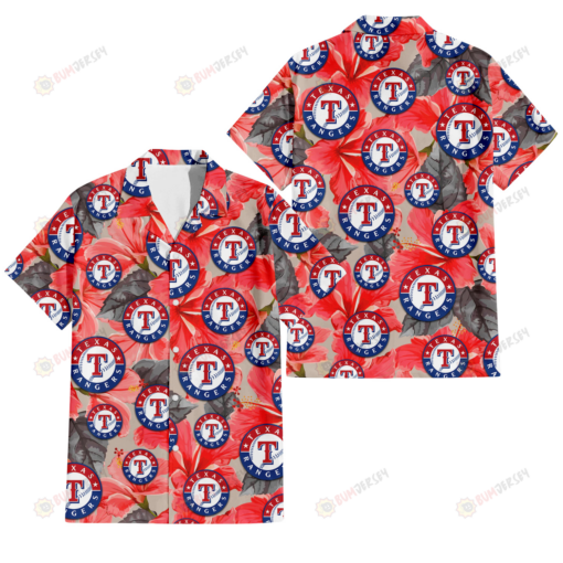 Texas Rangers Red Hibiscus Gray Leaf Beige Background 3D Hawaiian Shirt