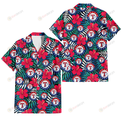 Texas Rangers Red Hibiscus Green Blue White Leaf Black Background 3D Hawaiian Shirt