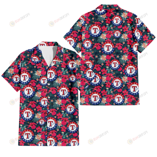 Texas Rangers Tiny Red Hibiscus White Porcelain Flower Black Background 3D Hawaiian Shirt