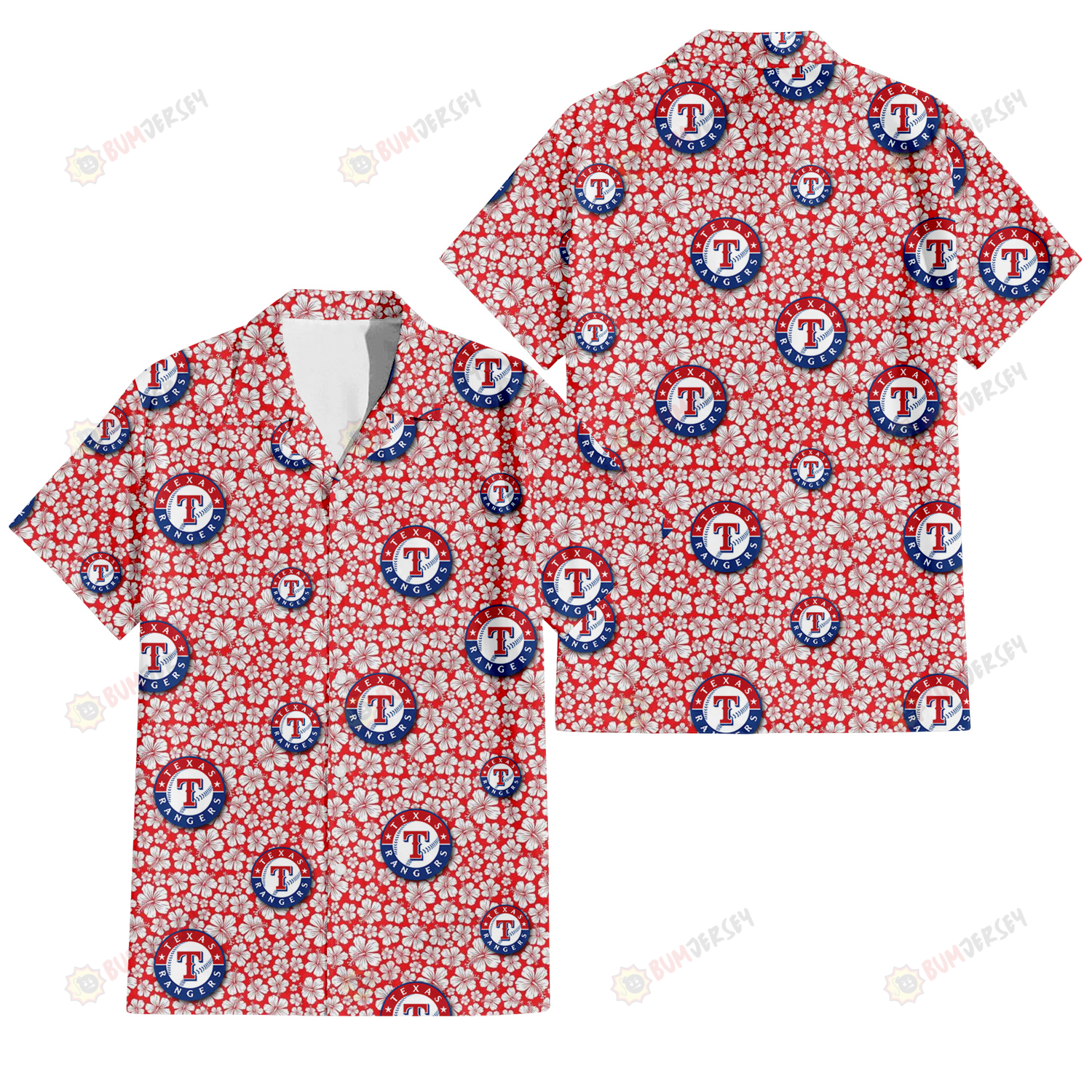 Texas Rangers Tiny White Hibiscus Pattern Red Background 3D Hawaiian Shirt