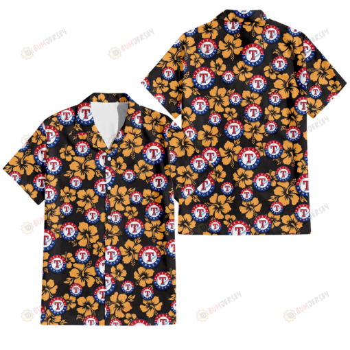 Texas Rangers Tiny Yellow Hibiscus Black Background 3D Hawaiian Shirt