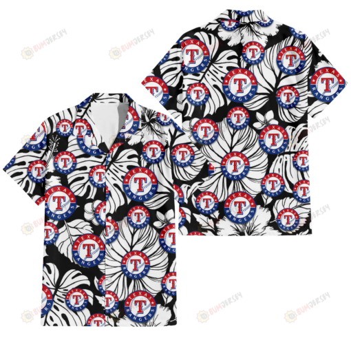 Texas Rangers White Hibiscus Porcelain Flower Palm Leaf Black 3D Hawaiian Shirt