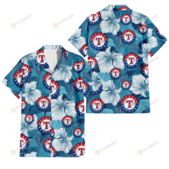 Texas Rangers White Hibiscus Turquoise Banana Leaf Navy Background 3D Hawaiian Shirt
